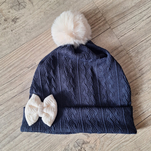 Bonnet nœud et pompon en tissu maille de coton façon tricot jacquard 9 couleurs